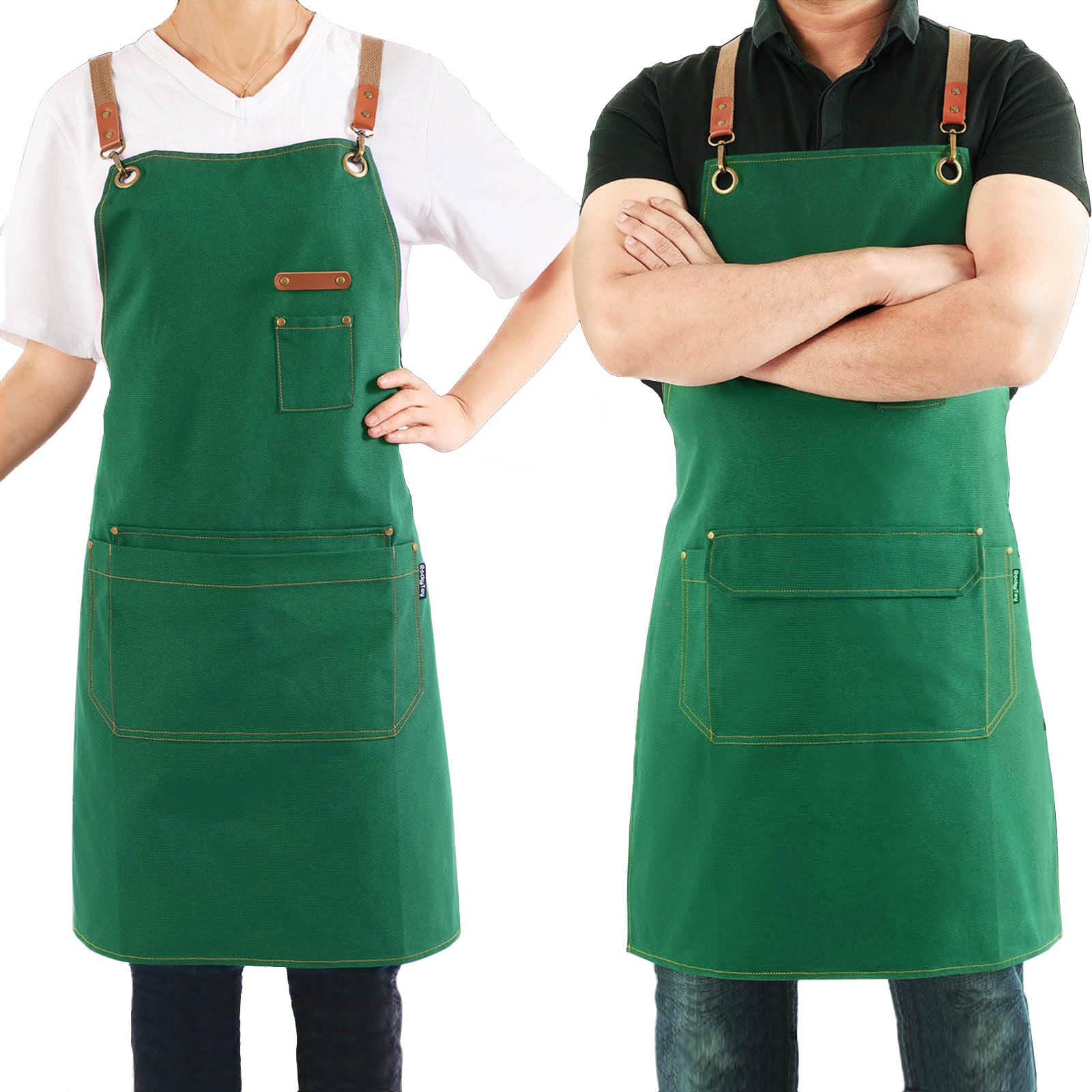 Magimate Canvas Apron with Pockets and Cross-back Straps for Chef Kitchen Cooking BBQ, Barista Bartender Barber Shop and Art Gardening Work Professional Aprons - Green