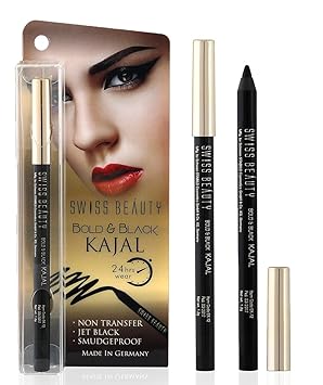 Swiss Beauty 24 Hours Bold and Black Smudge Proof Non Transfer Opthalmologically Tested Kajal, Jet Black, 1.2g