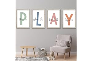 LUZHIQIANG This Is Where The Fun Stuff Happens Kids Playroom Wall Art Decor 16x11 Inch Set Of 4 Rustic Kids Wood Framed Sign Toddler Modren Nursery Interesting Let's Play Prints Wall Hanging (White)