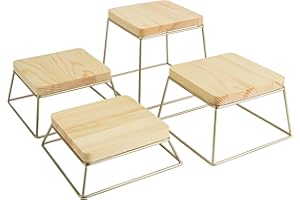 YFEEN Dessert Table Risers Display Stands Food display Wood Metal Square Retail Pizza,Cupcake,Candy Stands Food Platter Tray,6x6 INCH,Set of 4 (Gold)