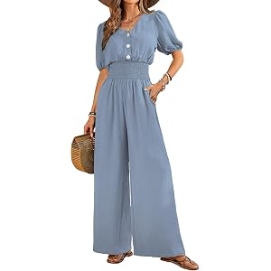 Womens Short Sleeve V Neck Jumpsuit Wide Leg One Piece Outfit Dressy Casual Summer Romper