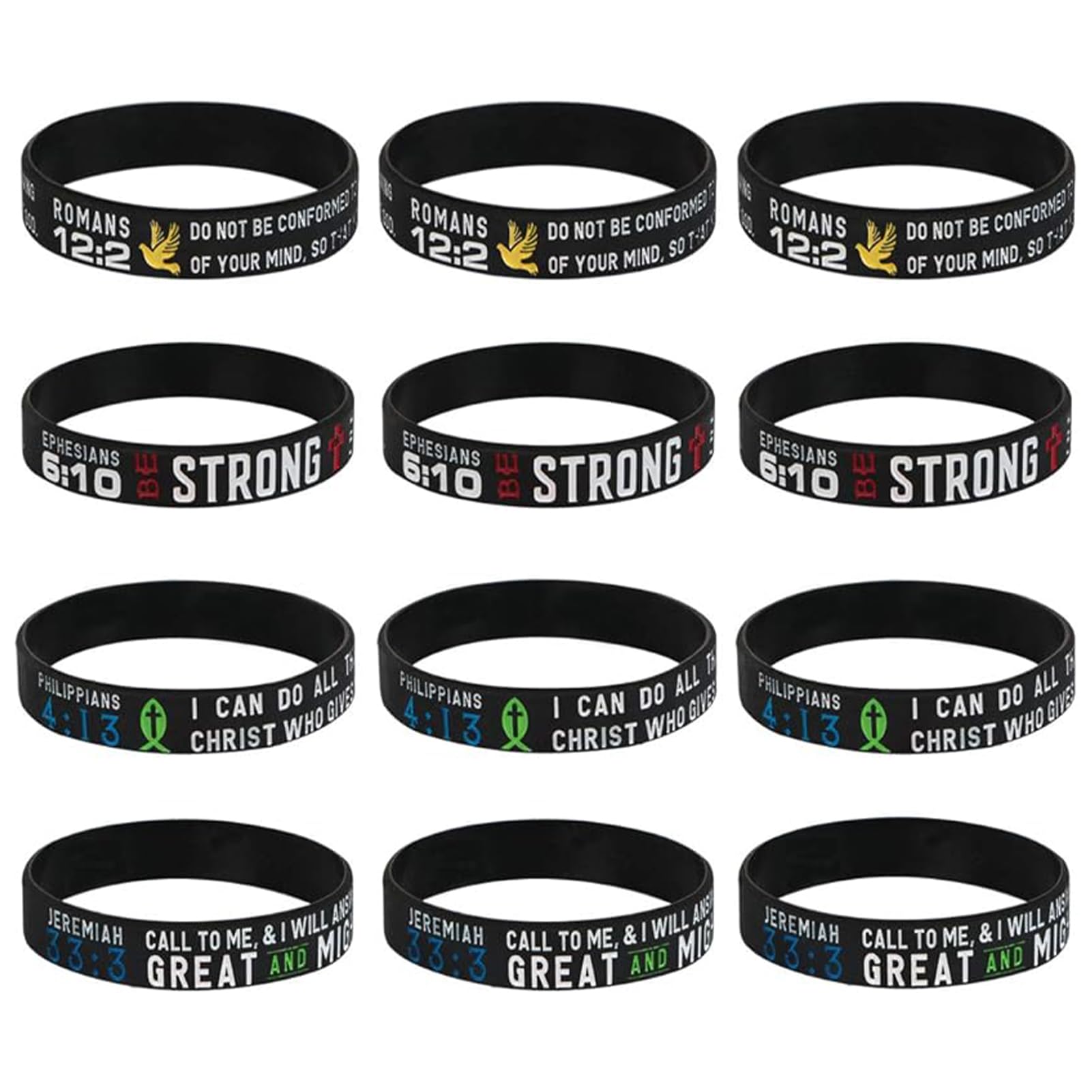 kilofly 12 pcs Christian Scripture Quote Bible Verse Silicone Bracelet Wristband