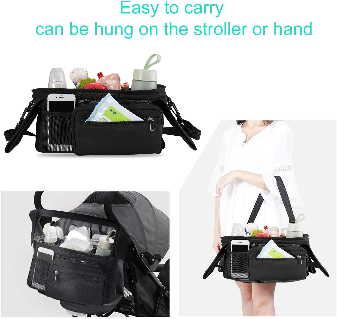 Universal Stroller Organizer with Insulated Cup Holder ，Detachable Phone Bag & Shoulder Strap, Fits for Stroller like Uppababy, Baby Jogger, Britax, Bugaboo, BOB, Umbrella and Pet Stroller: Home Improvement