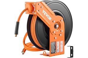 VEVOR Retractable Air Hose Reel, 3/8IN x 50FT Rubber Air Hose Max 300PSI, Air Compressor Hose Reel Auto-Rewind with 5FT Lead in, Ceiling/Wall Mount Heavy Duty Single Arm Reel & 180° Swivel Bracket