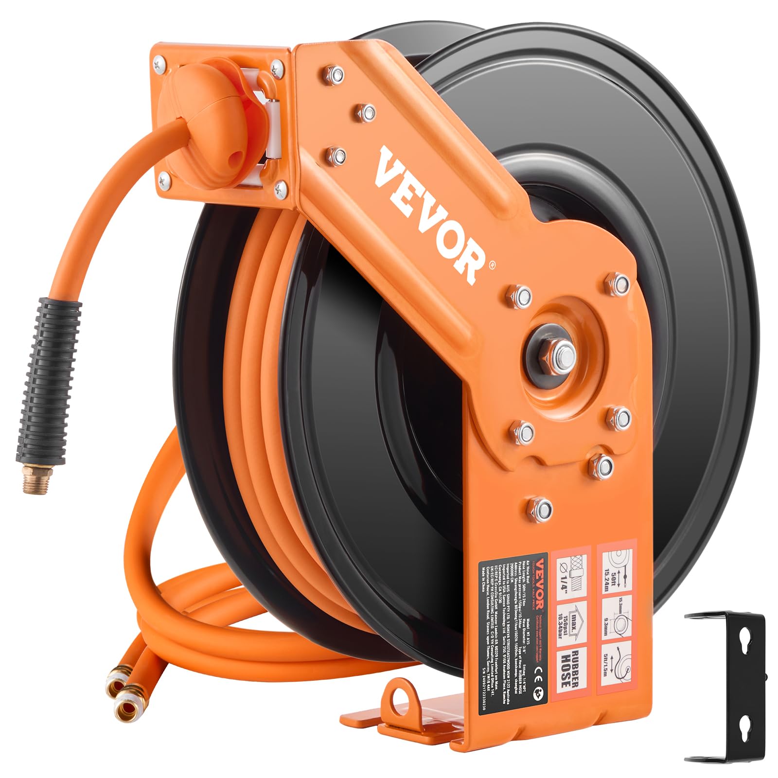 Photo 1 of **reference image**VEVOR Retractable Air Hose Reel, 3/8IN x 50FT Rubber Air Hose Max 300PSI, Air Compressor Hose Reel Auto-Rewind with 5FT Lead in, Ceiling/Wall Mount Heavy Duty Single Arm Reel & 180° Swivel Bracket