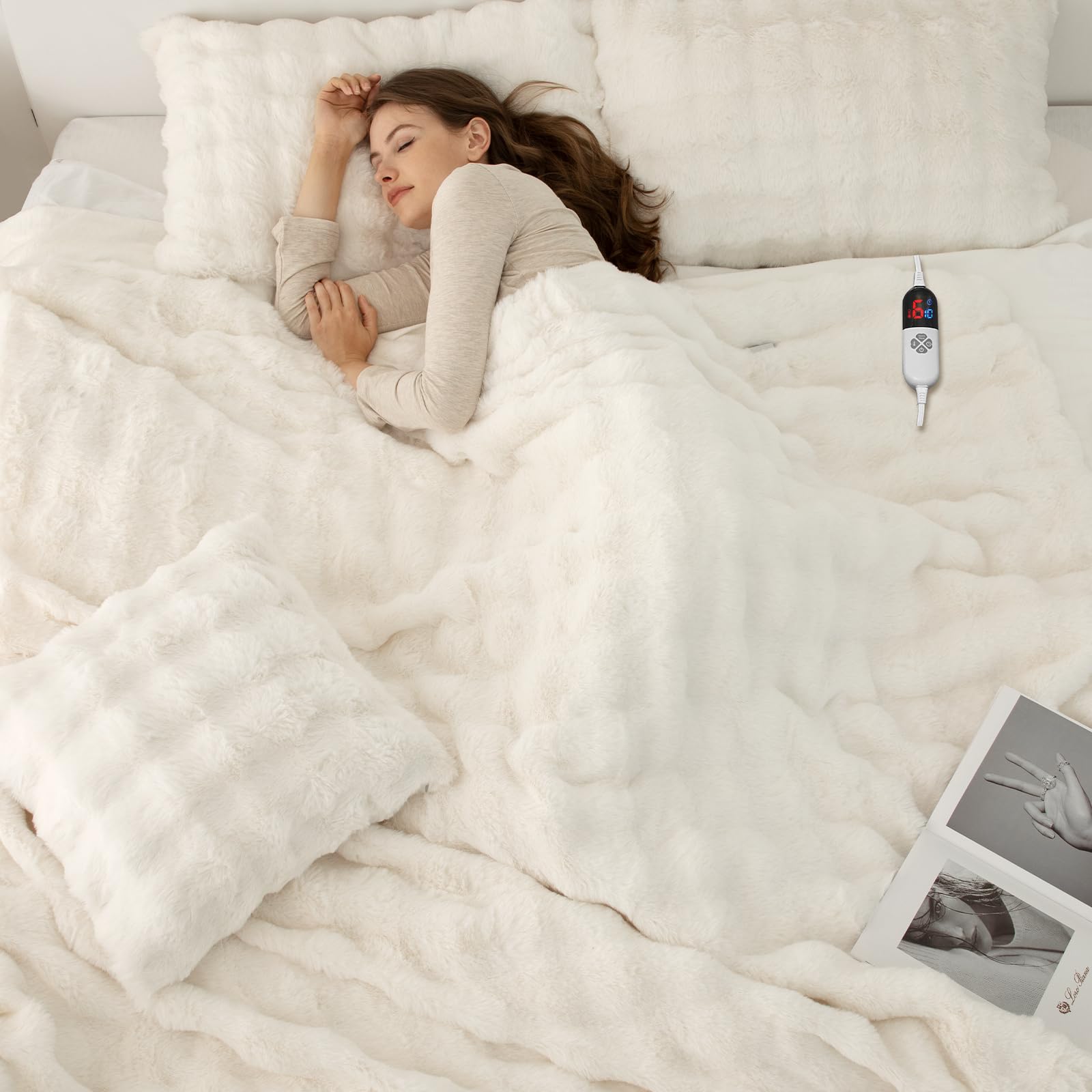 Photo 1 of VELLUBAM Faux Rabbit Fur Bubble Electric Blanket Full White - Fuzzy Soft Plush Heated Blanket Full Size with 6 Heating Levels & 10 Timer Settings, Home Decor Gifts for Women, ETL Certified, 72" x 84"