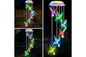 Fohil Solar Hummingbird Wind Chimes, Color Changing Solar Powered Lights Outdoors, Waterproof Solar LED Hanging Lights for Ga