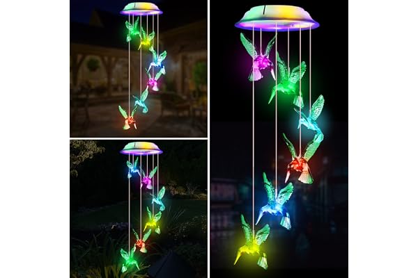 Fohil Solar Hummingbird Wind Chimes, Color Changing Solar Powered Lights Outdoors, Waterproof Solar LED Hanging Lights for Ga