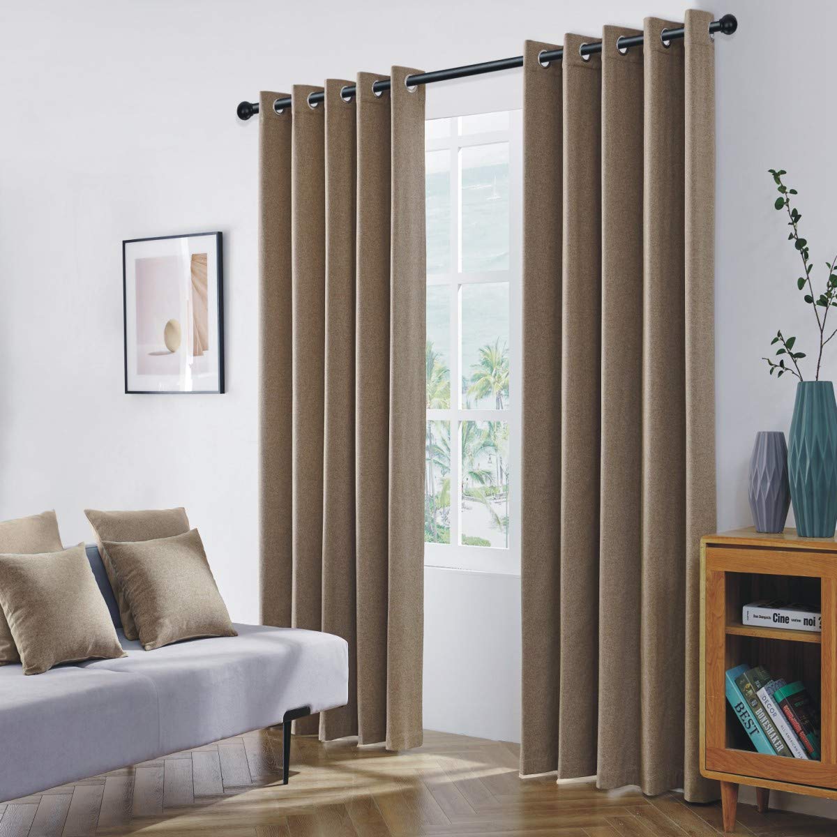 Coastline Luna brushed blackout eyelet curtains Mocha Camel Coffee thermal insulated window treatment 2 panels blinds floor curtains for bedroom,Livingroom,Kids nursery room Width 46" x Drop 90"