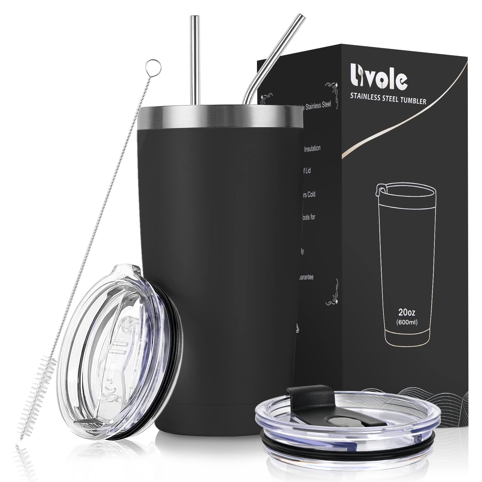 Livole 20OZ Travel Tumbler, 600ml Double Walled Vacuum Insulated Coffee Cup, Thermal Stainless Steel Travel Mug with 2 Straws and 2 Lids, Reusable Cup for Hot & Cold Drinks, Leakproof, BPA Free, Black