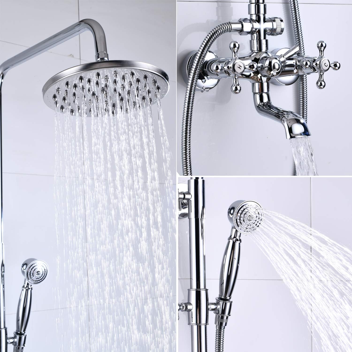 Shower Faucet Set 8 Rain Shower 2 Double Knobs Handle Chrome Polish Triple Function Tub Spout Shower Fixture Combo System Unit Set - - 