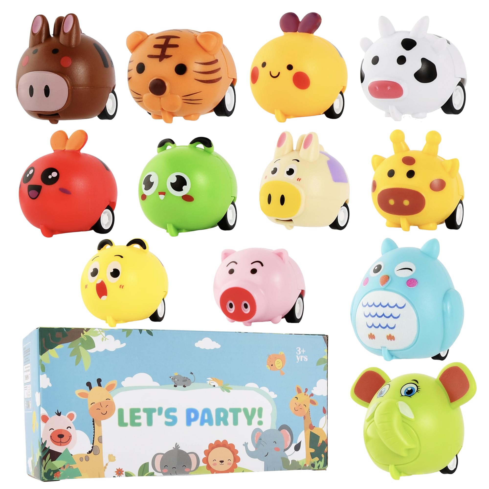 Small Pull Back Toy Cars Set,12 PCS Mini Racing Vehicles for Holiday Birthday Party Favors,Goodie Bag Stuffers,Classroom Prizes,Bulk Toys for Kids (Tiger,Cow,Bee,Zebra,Pig,Owl,Elephant Zoo Design)