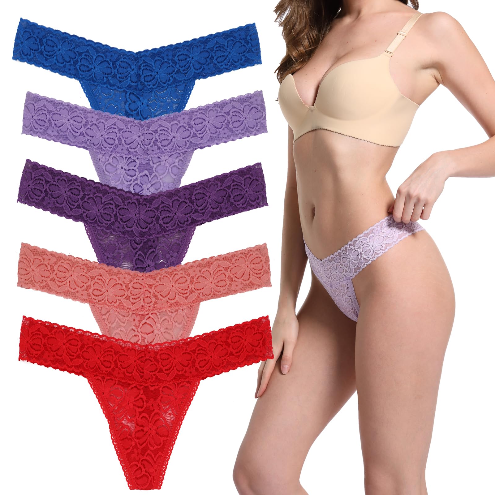 Photo 1 of Yuamose Plus Size Women's Thongs Underwear, T Back Low Waist Lacy nylon Panties Strech Seamless Lace Thongs for Women Pack of 5 Size 3XL