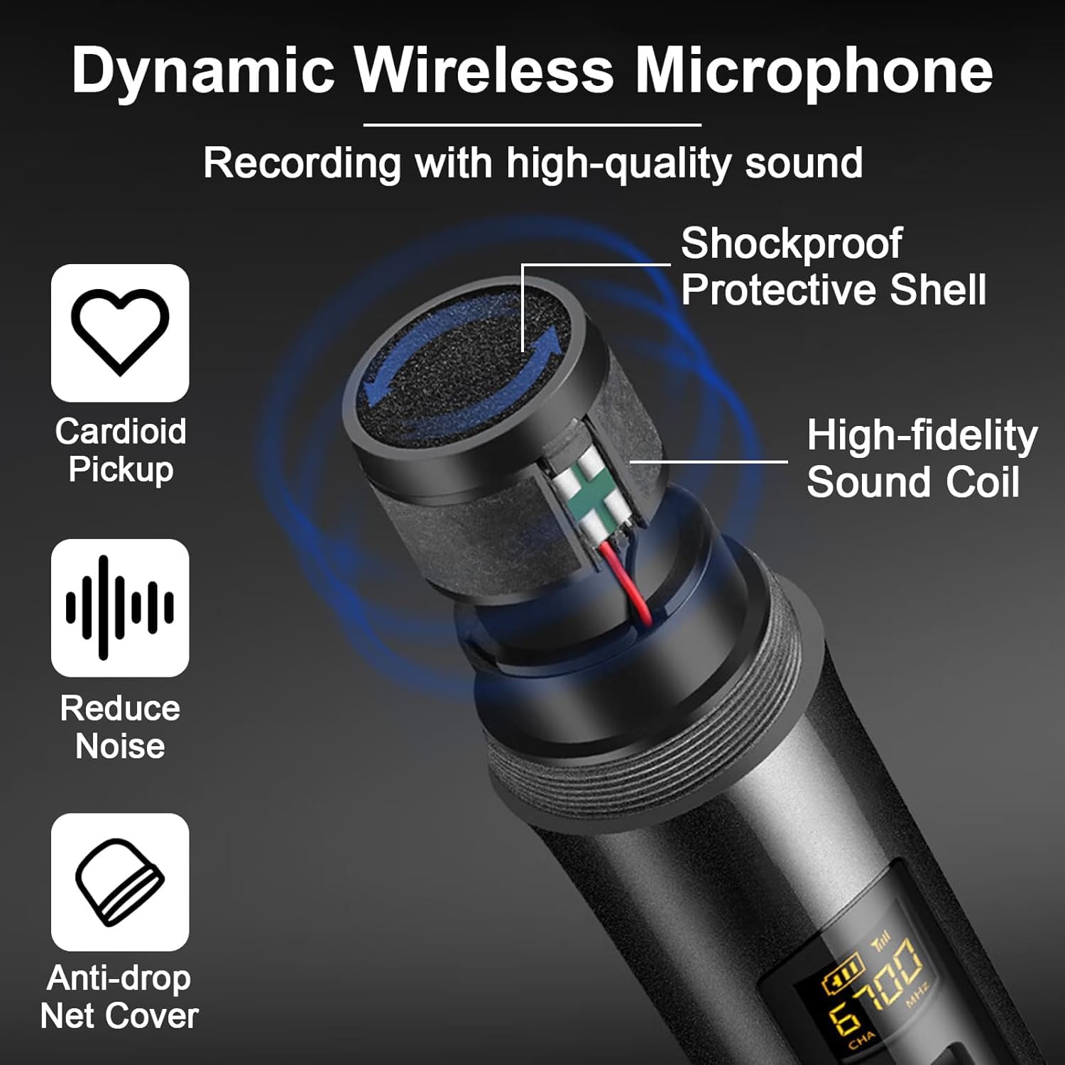 ALPOWL Wireless Microphones, Metal Dynamic Microphone System with Rechargeable Receiver, 50H Duration, 200ft Range, Microphone for Karaoke Singing, Wedding, DJ, Party, Speech, Church