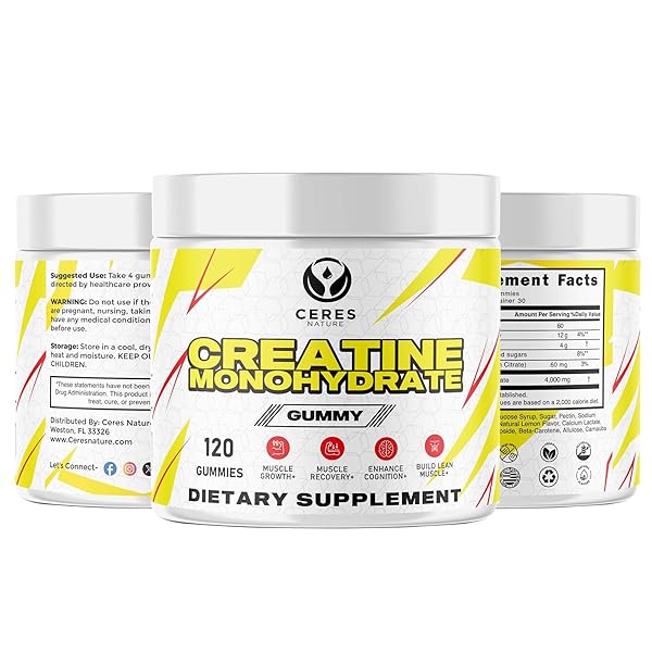 CERES NATURE CREATINE MONOHYDRATE GUMMIES FOR MEN & WOMEN-5G OF CREATINE MONOHYDRATE PER SERVING – VEGAN,LEMON FLAVOR, 120 COUNT.