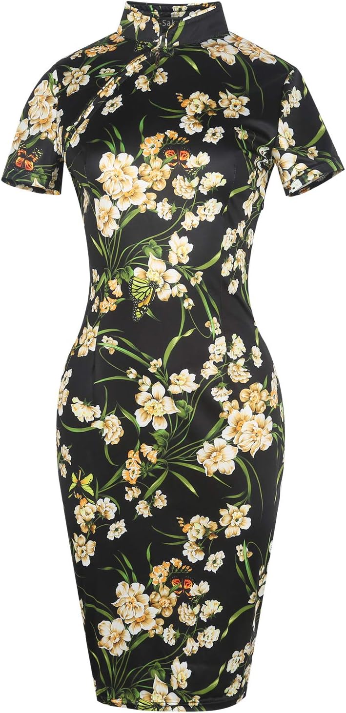 Women's Vintage Summer Sun Dress Slim Print Office Ladies Wear Party Midi Sheath Dresses SK183