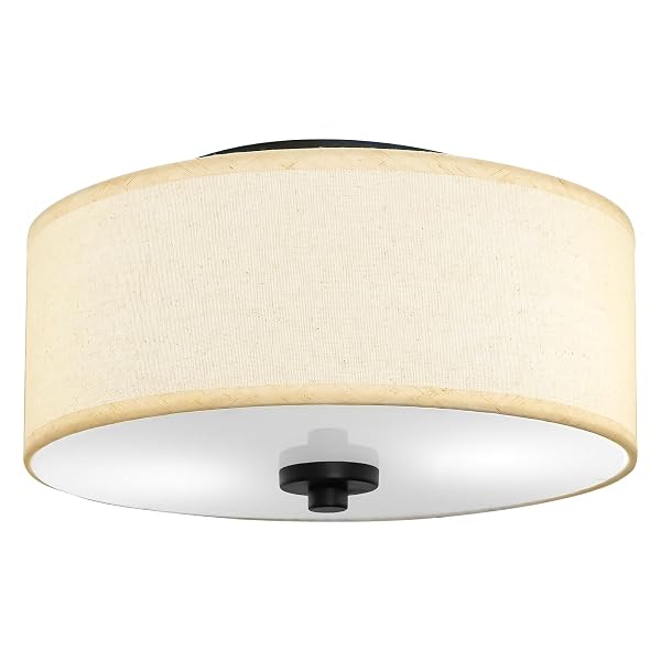 LODSTOB 2-LIGHT FLUSH MOUNT CEILING LIGHT FIXTURE, 12” MODERN CLOSE TO CEILING LIGHT WITH BEIGE FABRIC DRUM SHADE, ROUND PENDANT LIGHT FOR BEDROOM HALLWAY BATHROOM DINING KITCHEN, BULBS NOT INCLUDED