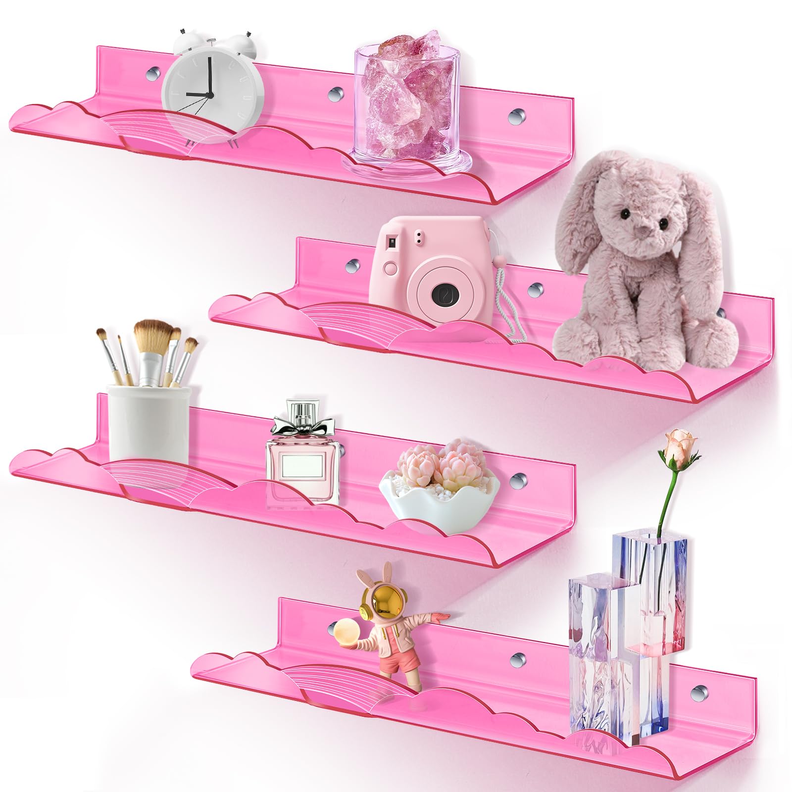 wooshwa Rainbow Acrylic Floating Shelves, 15in Kids Wall Mounted Nursery Bookshelves, Display Ledge for Books Toys Cosmetic Storage, Bathroom Bedroom Living Room Wall Organizer, 4 Pack, Pink