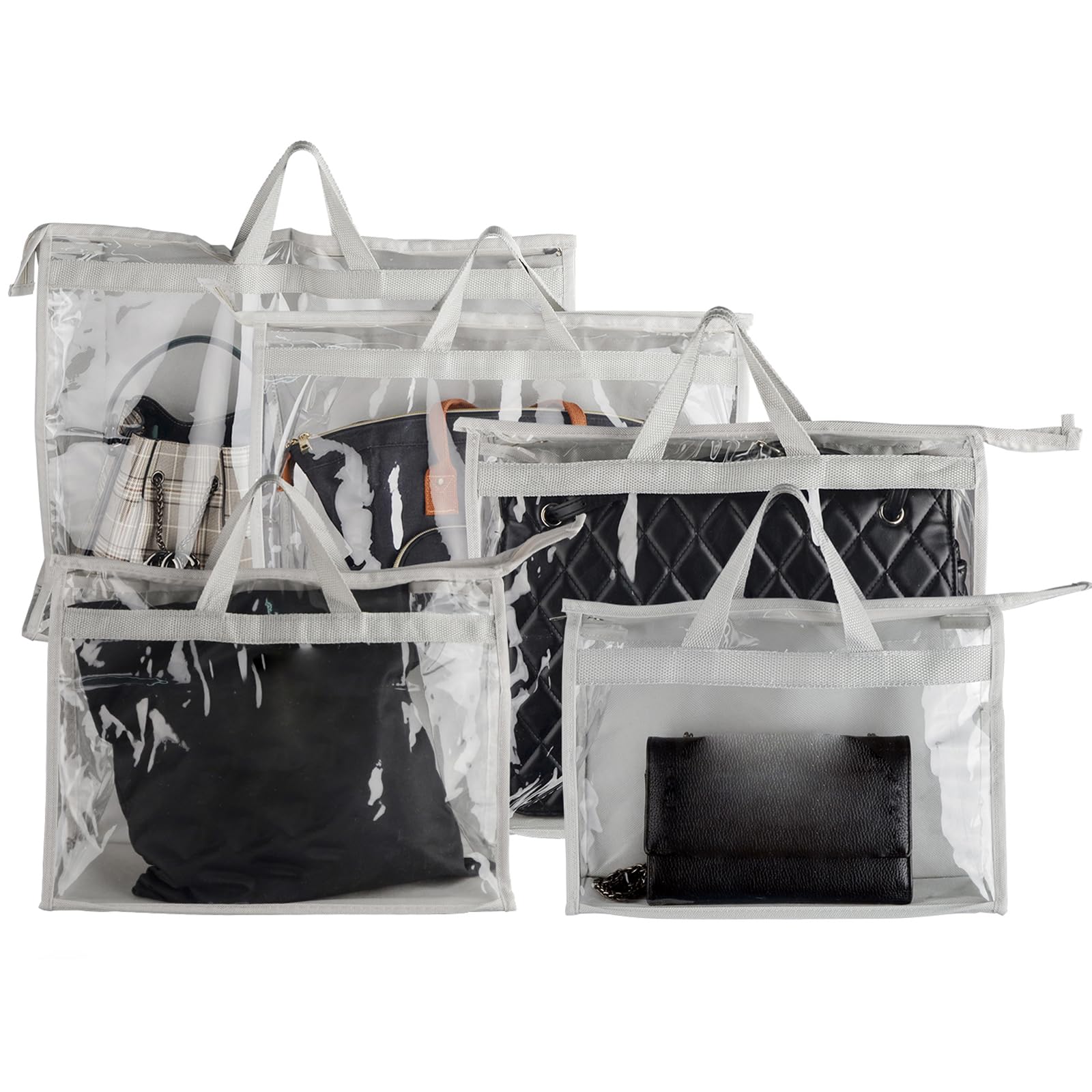 Handbag Storage,Upgrade Handbag Organizer Dust Cover Bag Thicken PVC Transparent Anti-dust Purse Storage Bag for Hanging Closet with Zipper and Handle Space-saving Storage Bag(5 Pack) (Grey)