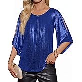 Yousify Womens 3/4 Sleeve Tops Trendy Glitter Sparkly Pleated Blouse Casual Party Crewneck Loose Fit Shirts