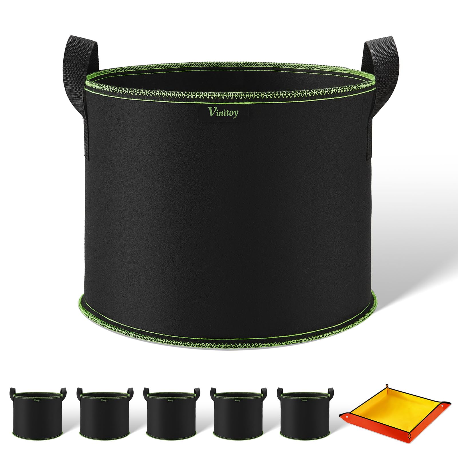 Vinitoy 3 Gallon Fabric Pots, 5 Pack 12L Grow Bags with Extended Handles, Heavy Duty Thickened Nonwoven Cloth Pots with 100cm x 100cm Repotting Mat for Tomatoes, Potatos, Vegetables