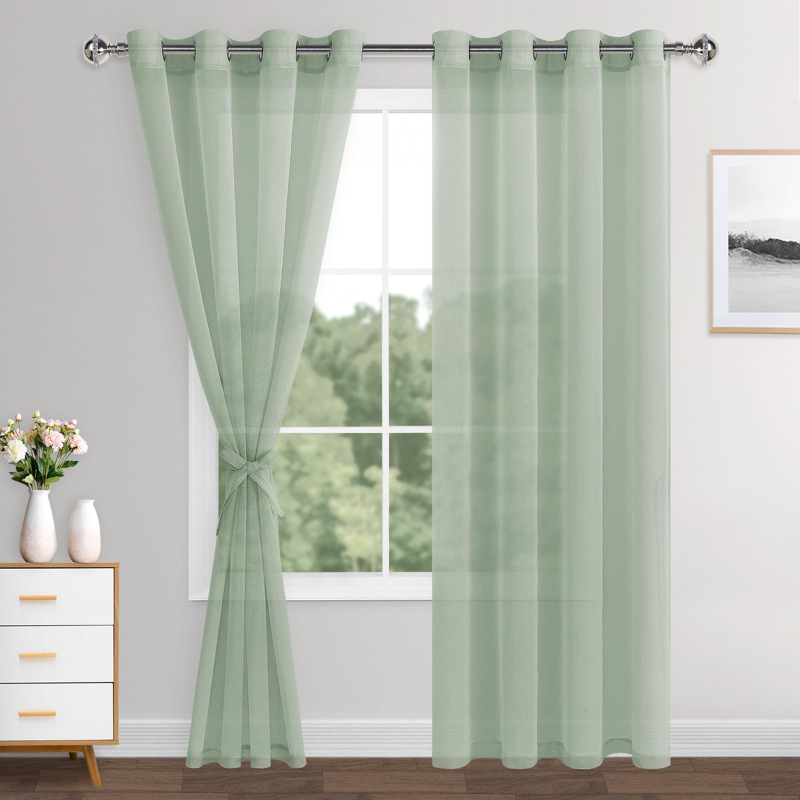 XWZO Sheer Curtains 2 Panels Linen Look Voile Curtains Semi Transparent Grommet Tieback Window Curtains for Bedroom,Light Filtering,Airy & Breathable Voile Drapes,Bean Green,W55*L88