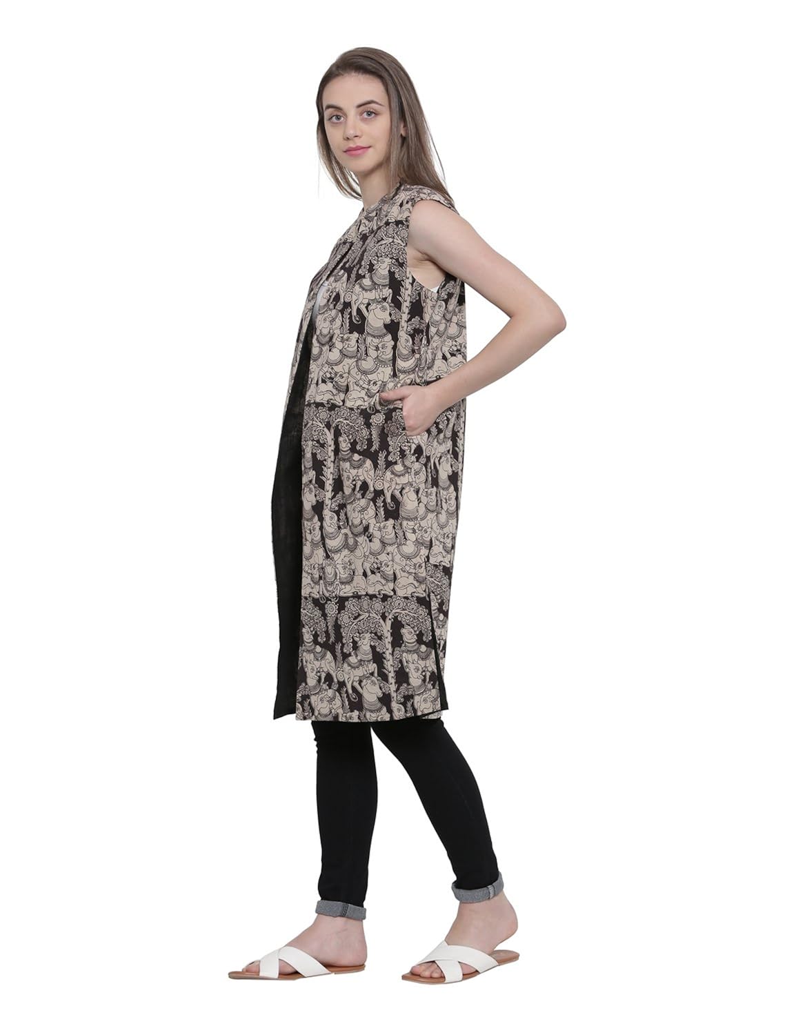 soochirang women's kalamkari sleeveless pure cotton long waist coat