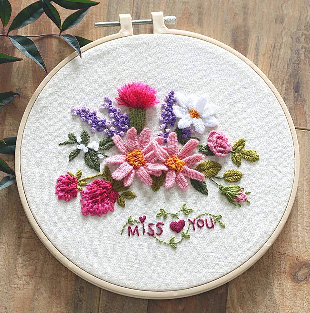 Awesocrafts Embroidery Kit, Miss You, Quote Love Plants Flowers Full Range of Embroidery Starter Kits for Beginners Adults DIY Handmade Easy Patterns (Miss You)