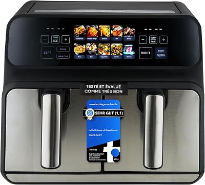 ProfiCook® Friteuse à air chaud | 2 compartiments | 8 litres (2x4 L) | Double compartiment | pas d'huile ni de graisse | Air Fryer | Écran couleur | Double friteuse à air chaud 2200W | PC FR 1287 H