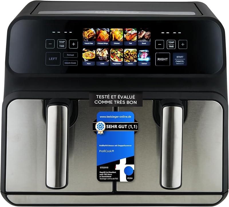 ProfiCook® Friteuse à air chaud | 2 compartiments | 8 litres (2x4 L) | Double compartiment | pas d'huile ni de graisse | Air Fryer | Écran couleur | Double friteuse à air chaud 2200W | PC FR 1287 H