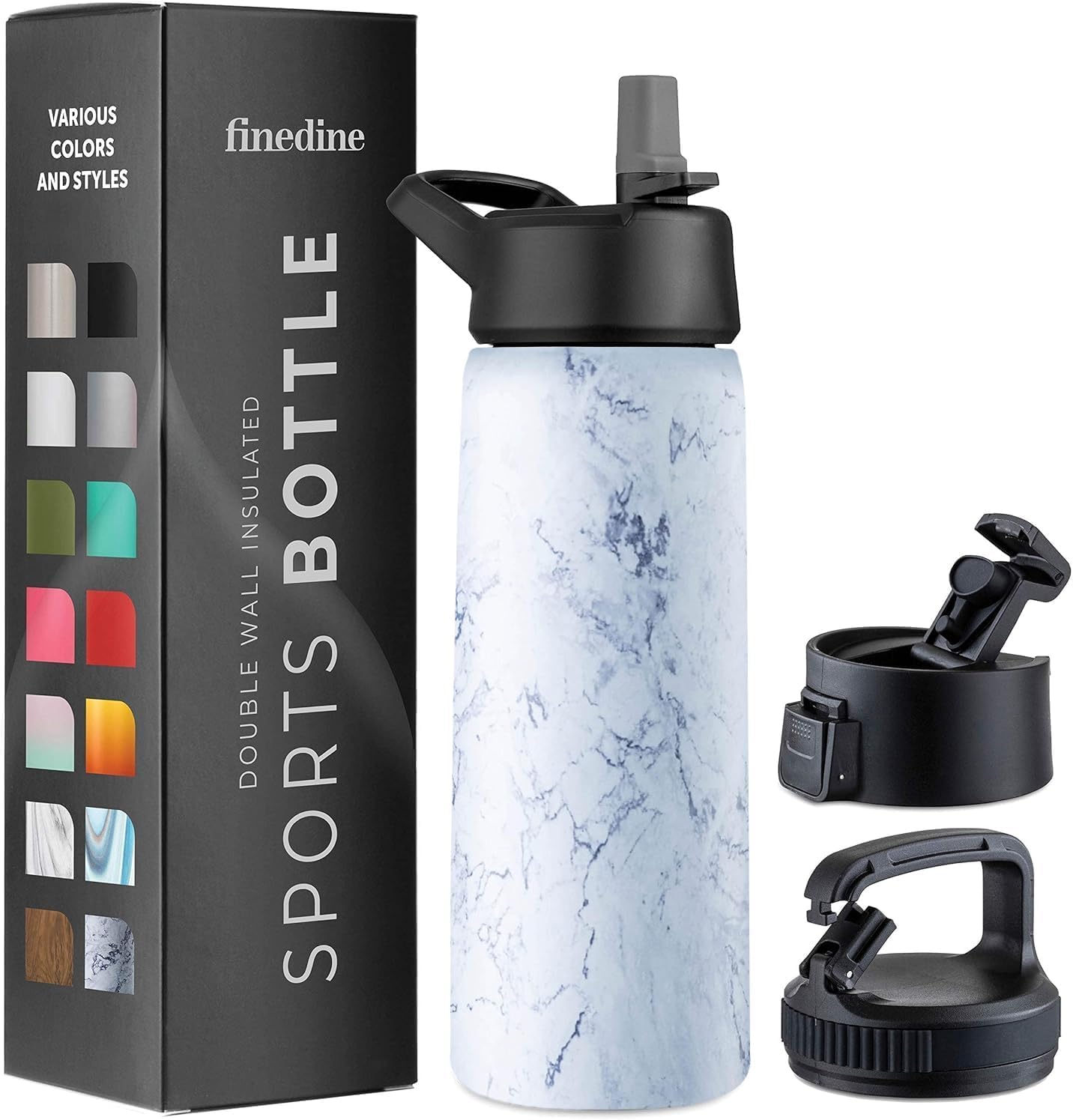Triple Insulated Stainless Steel Water Bottle with Straw Lid - Flip Top Lid - Wide Mouth Cap (750 ML) Insulated Water Bottles, Keeps Hot and Cold - Great for Hiking & Biking (Fresh White Marble)