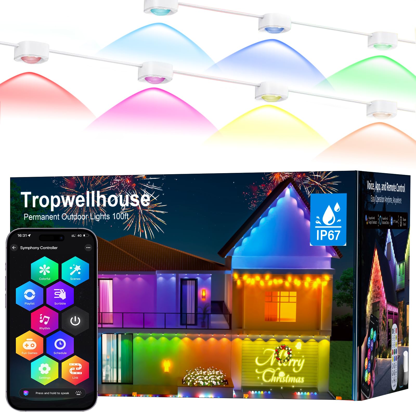 Photo 1 of Tropwellhouse Permanent Outdoor Light Pro, 100ft with 72 RGB+IC LED Lights, 90 Scene Modes, AI Light Design, IP67 Waterproof for Halloween Christmas Decor and Daily Lighting, Work with Alexa, Google