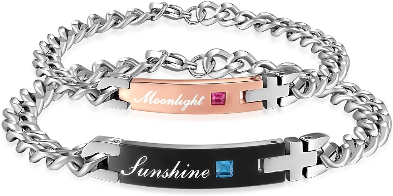 Aegean Jewelry Sunshine Moonlight Bracelets Stainless Steel Matching Set Chain Bracelet for Couple, with a Gift Box