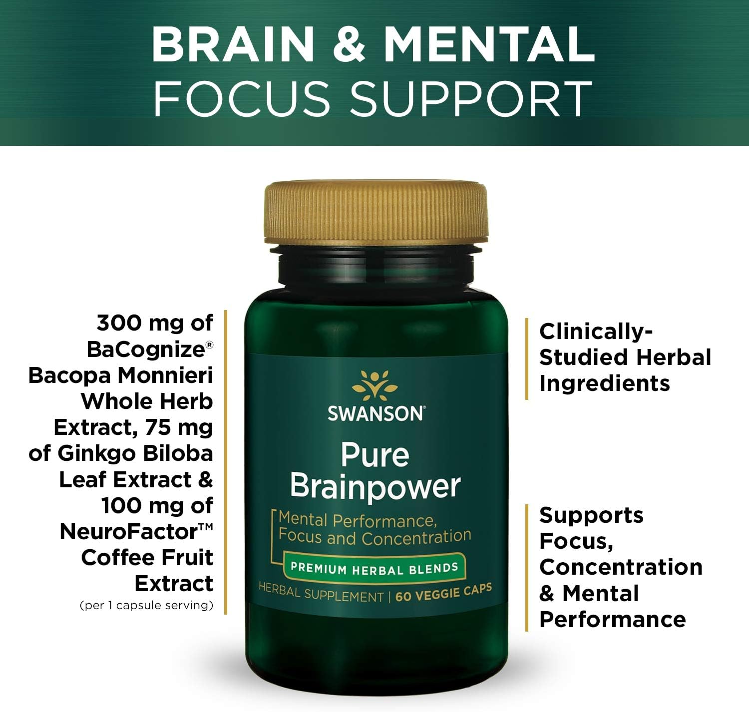Swanson Pure Brainpower Brain Health Cognitive Memory Focus Support Brain-Derived Neurotrophic Factor (BDNF) Herbal Supplement (Ginkgo Biloba, Bacopa Monnieri) 60 Veggie Capsules (Veg Caps) Vegan: Health & Personal Care