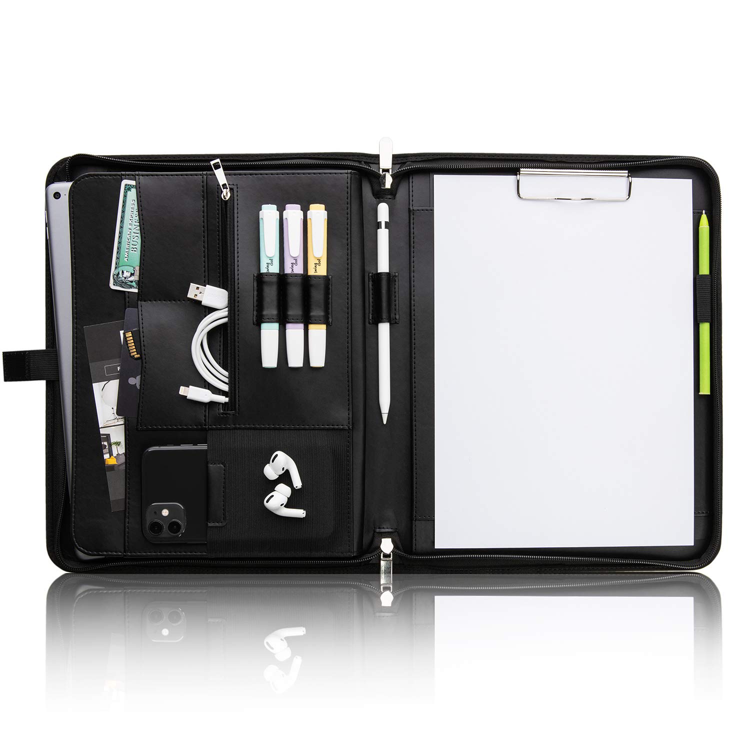 Vebon® Writing Case A4 Large "Rom" I Double Zip + Clipboard I Conference Folder + Laptop Bag I Extra Storage Space I Black Faux Leather, black, A4, Modern