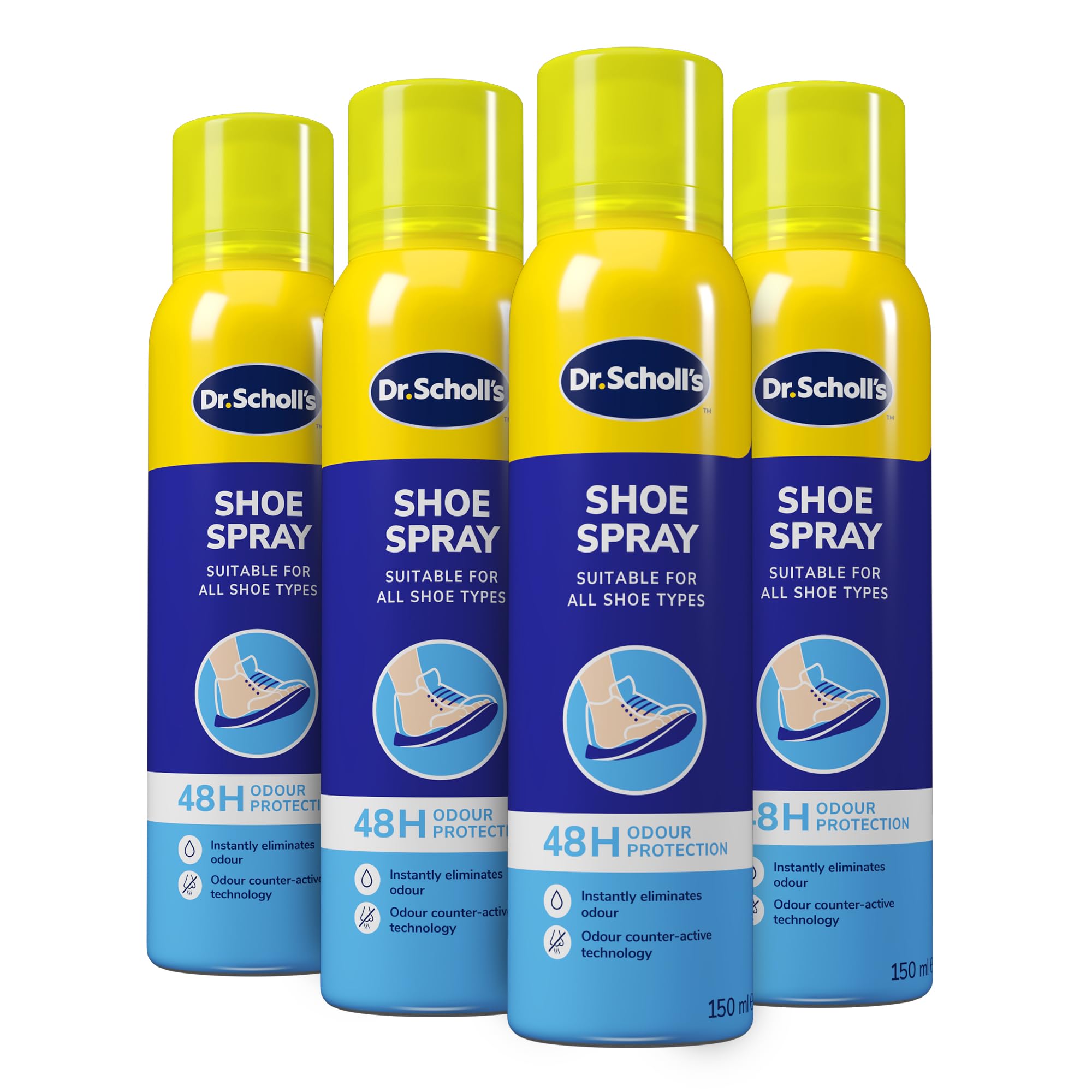 Dr. Scholl’s Fresh Step Anti Odour Shoe Spray, Eliminates Odor For Up To 48 Hours. Fresh Scent, Quick Drying, Suitable For All Shoe Types, Running Trainers, Sports, & More, 150ml , Pack of 4