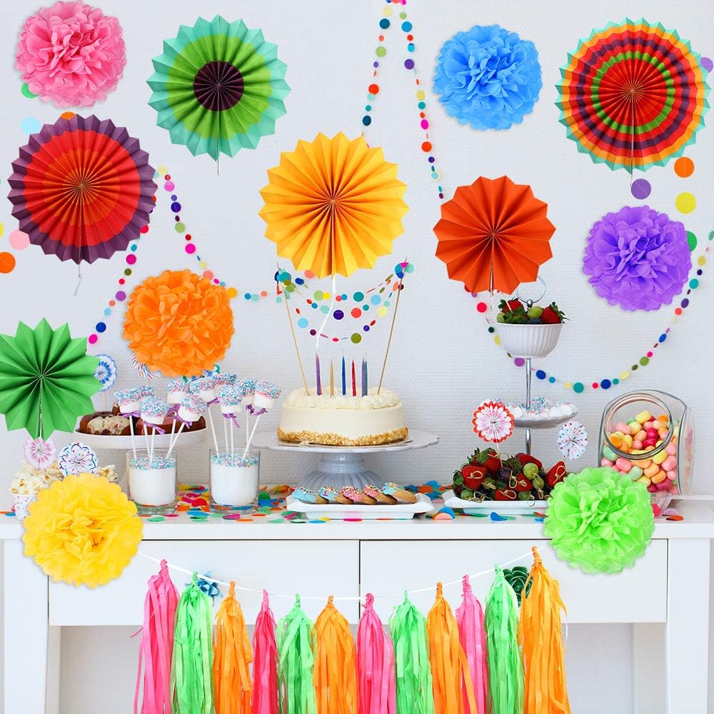 Auihiay 32 Pieces Fiesta Party Decoration Include Paper Fans, Tissue Paper Pom Poms, Circle Dot Garland and Tissue Paper Tassel for Birthday Parties, Wedding Décor, Taco Party or Mexican Party: Arts, Crafts & Sewing