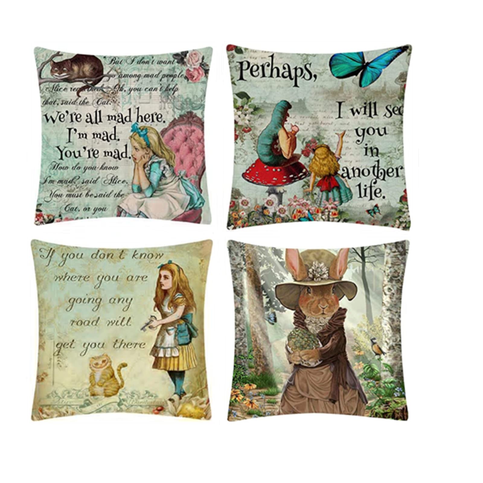 Morjakey Linen Cushion Covers set of 4 for Alice in Wonderland and cat cushion,lovely prints Retro decorative cushion,Throw Pillows green for Home sofa girl bed aesthetic decor Teen Girl gift 45x45