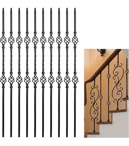 Wrought Iron Balusters 10-Pack – Hollow Double Basket & Single Twist Spindles, 1/2 Inch Square, Satin Black, For Decks & Stairs
