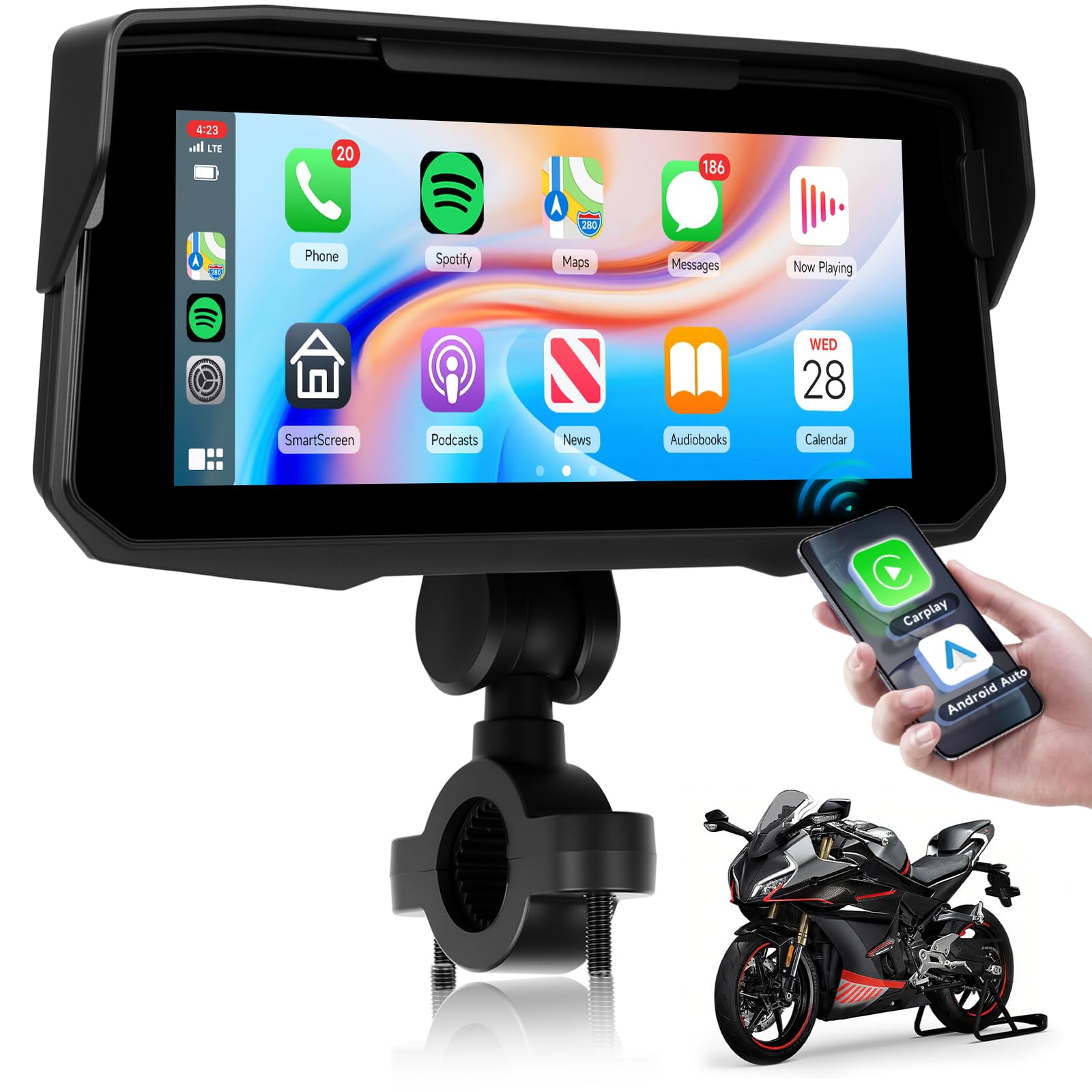 Photo 1 of 6.86" Portable Motorcycle Carplay Screen, Wireless CarPlay & Android Auto with Design Mount Waterproof Touchscreen Supports GPS Navigation/Bluetooth Transmission/EQ, IP68, Tire Pressure Detection