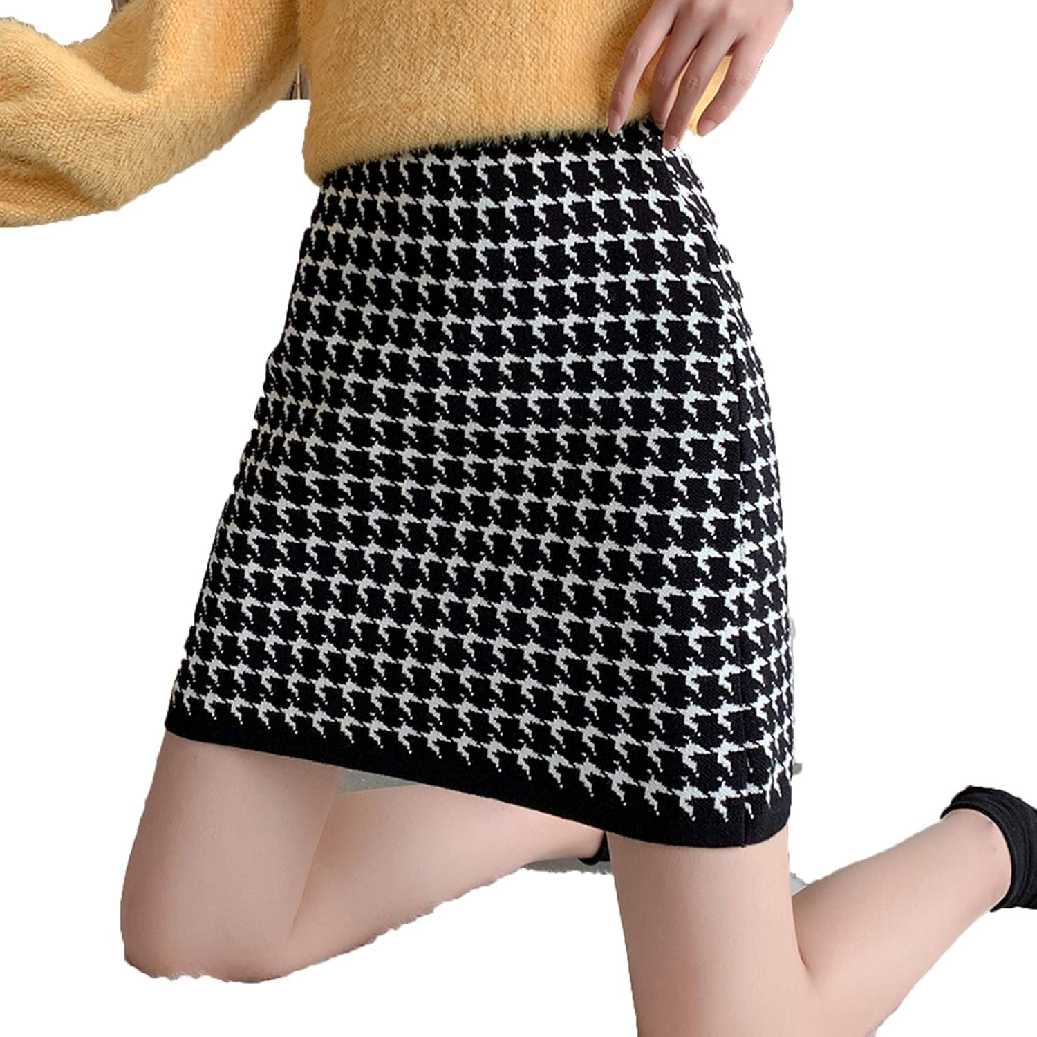 Skirts 2020 Women Khaki Knitted Women Casual Houndstooth Lady High