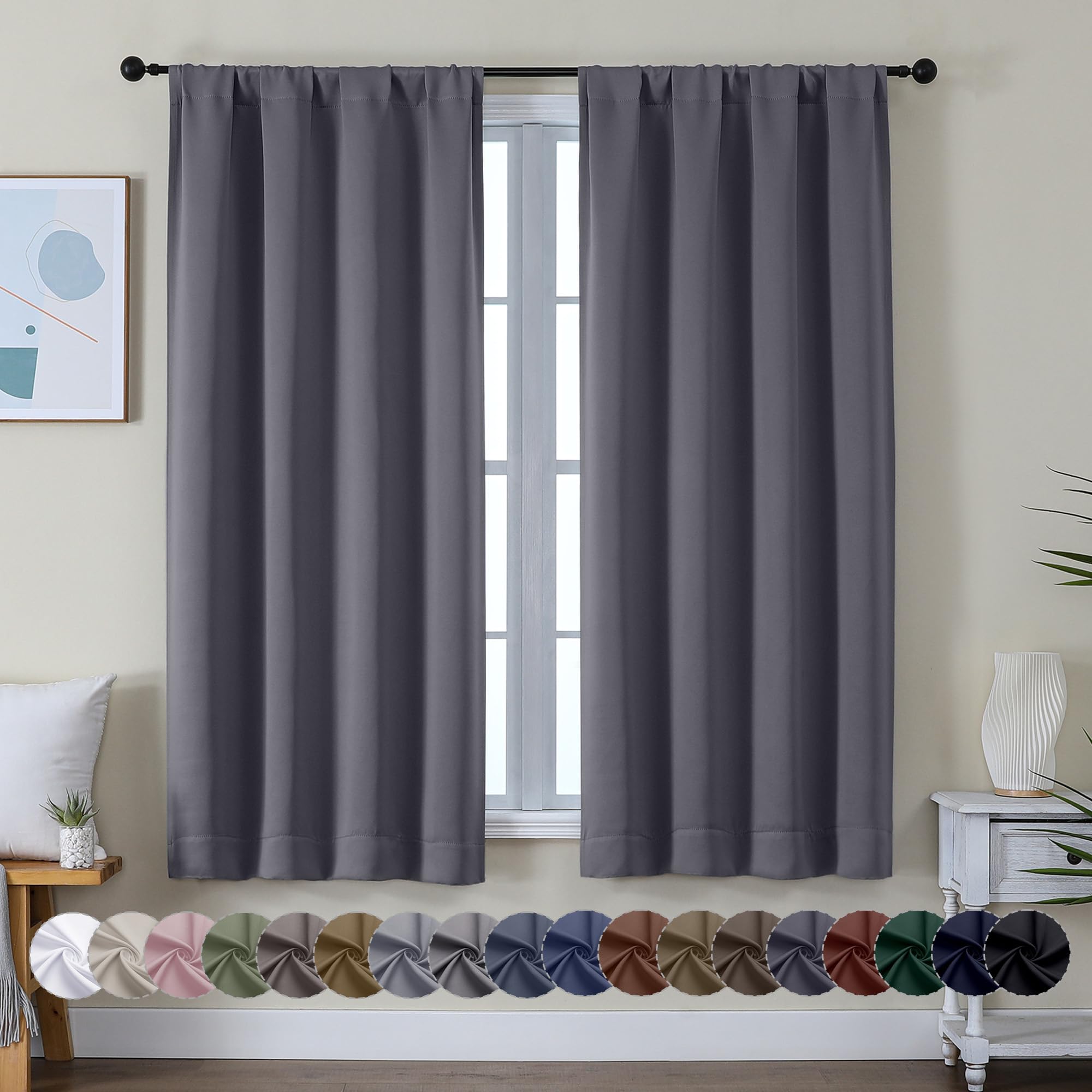 Photo 1 of Simplebrand Ava Grey Blackout Curtains for Bedroom 63 Inch Length 2 Panels Set, Solid Thermal Insulated Energy Saving Rod Pocket Window Treatment Curtains Blackout Drapes, W40 x L63 Inch, Grey