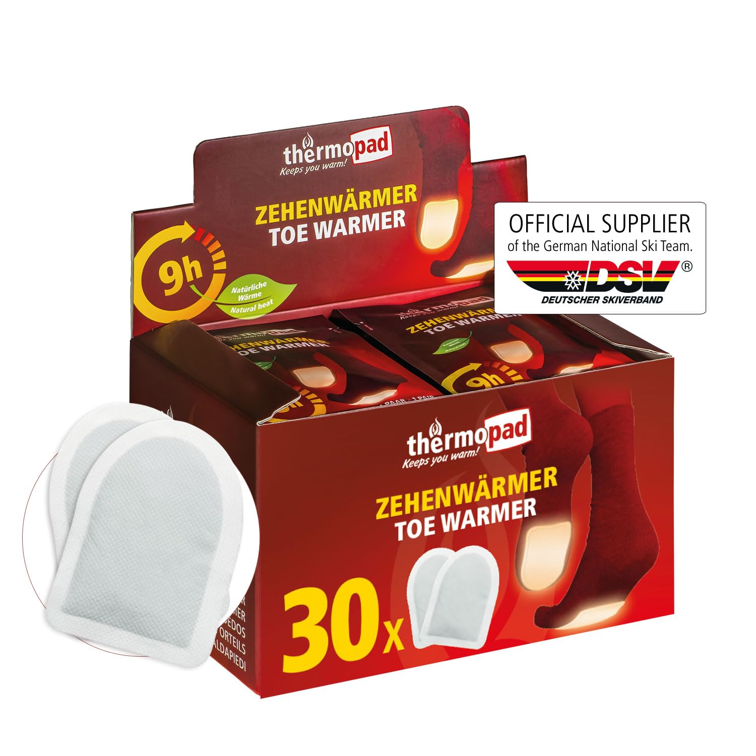 THERMOPAD toe warmers – THE ORIGINAL: 10 or 30 pairs of heat pads for 9 hours of warmth I Ready-to-use foot warmers I Extra warm heating pads – ideal for outdoor activities and ski boots