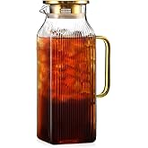 Snuvid 2 Liter/68 oz Square Glass Pitcher with Lid, Classic Stripes Water Pitchers with Handle for Fridge, Large Jug for Iced Tea, Coffee, Borosilicate Glass Carafe for Hot/Cold Brew Drink, Gold