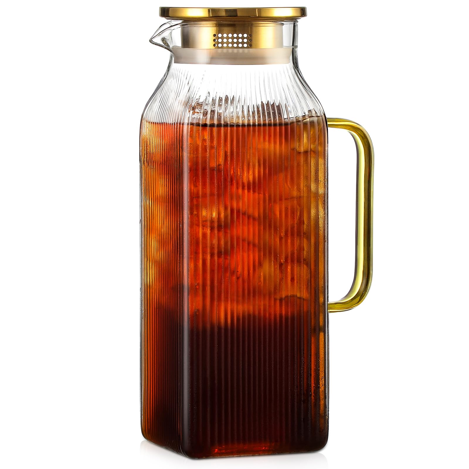 Photo 1 of 2 Liter/68 oz Square Glass Pitcher with Lid, Classic Stripes Water Pitchers with Handle for Fridge, Large Jug for Iced Tea, Coffee, Borosilicate Glass Carafe for Hot/Cold Brew Drink, Gold