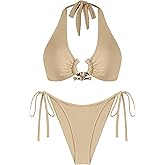 seamoly Bikini Sets for Women Metal Ring Shiny Two Piece Swimsuit Halter High Cut Tie Side Thong Bathing Suit Sexy Swimwear