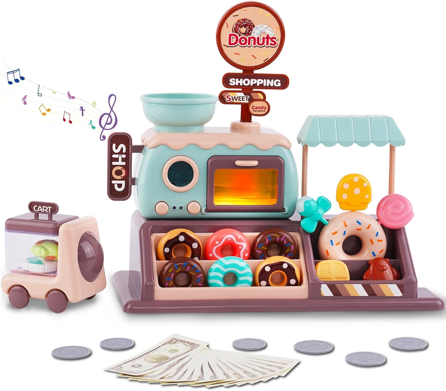 Pretend Play Donut Shop Playset with Lights and Music, Mini Donut Shop Toy with Donut Maker Machine and Oven, 34pcs Dessert Donuts Candy Set Toys for Boys and Girls