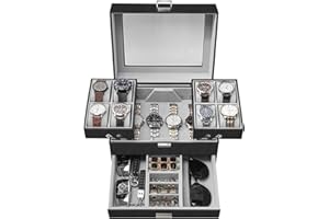 Dajasan Watch Box, Watch Case for Men, 8 Slot Watch Display Case, 3 Layers Large Sunglass Storage Organizer for Watch, Ring, Jewelry, Gift Idea, PU Leather (Black)