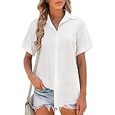 Hotouch Linen Button Down Shirt Women Roll-Up Cuffed Short Sleeve Blouses V Neck Collared Shirts Summer Beach Cotton Tops