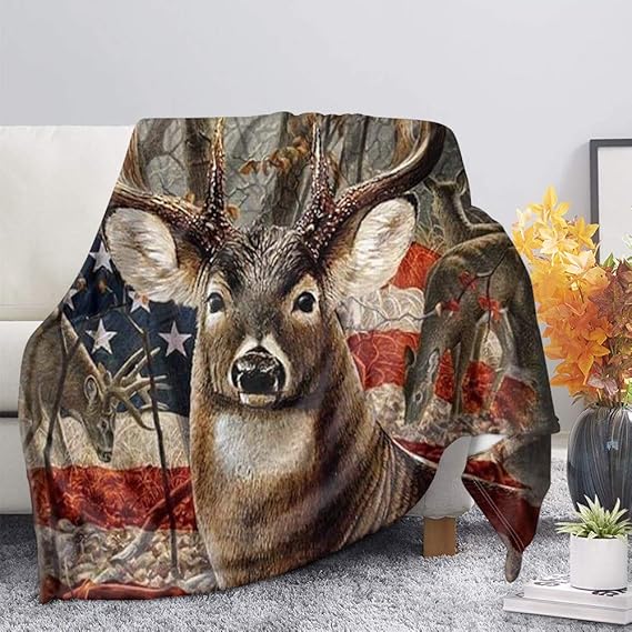 Hugding American Flag Elk Deer Print Flannel Blanket Vintage Flag